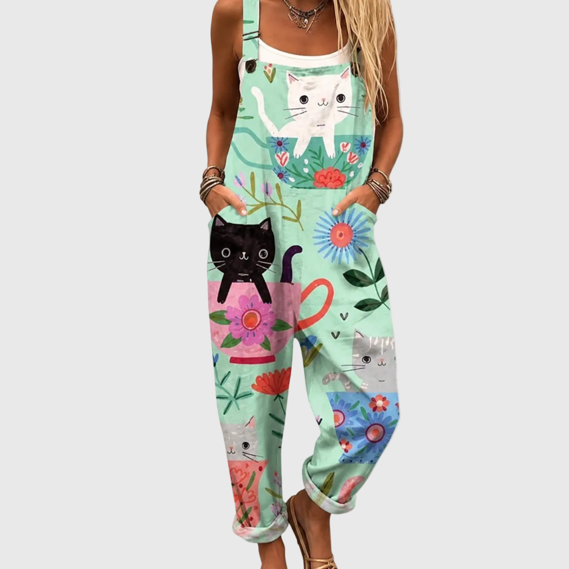 Salopette Elvira con gatti e fiori