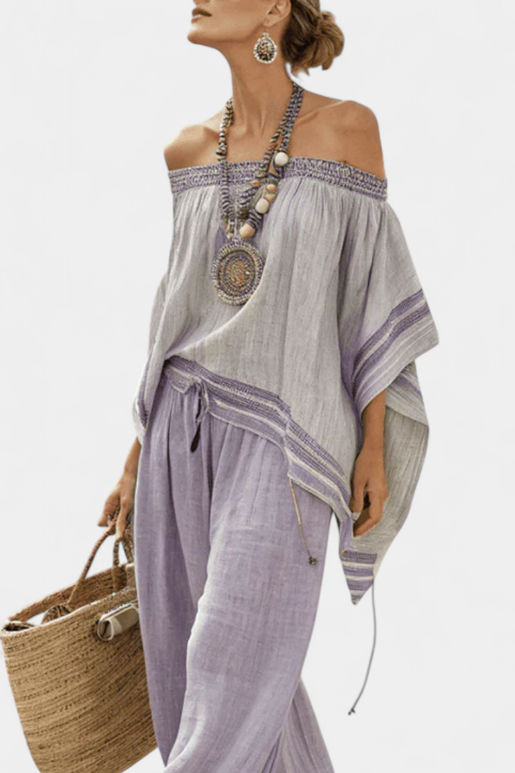 Zandrel | Elegante top off-shoulder e pantaloni a righe a gamba larga