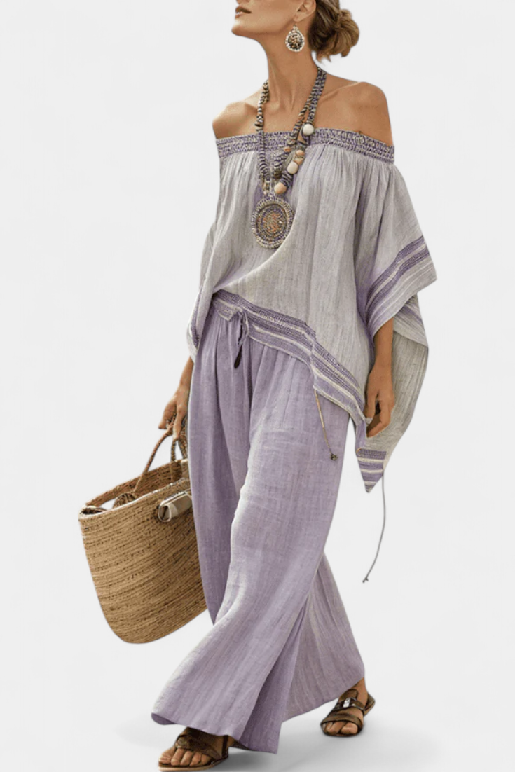 Zandrel | Elegante top off-shoulder e pantaloni a righe a gamba larga