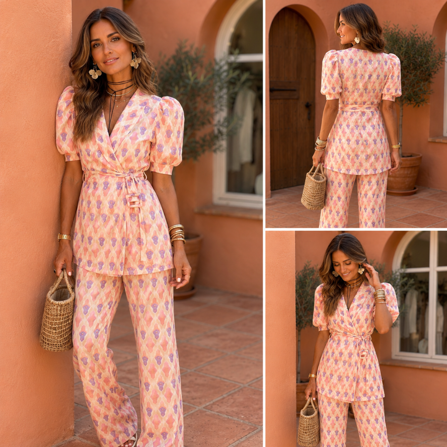Araceli | Completo stampato con blazer e pantaloni a zampa