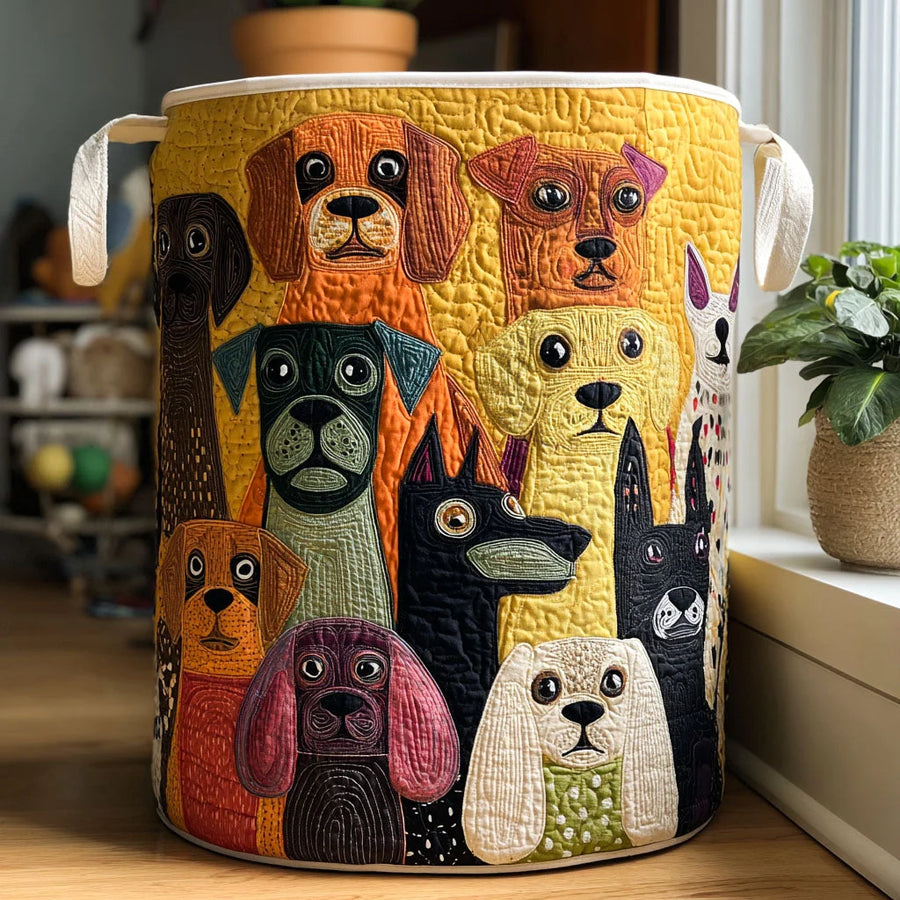 Cesta portabiancheria imbottita con cani nel bosco