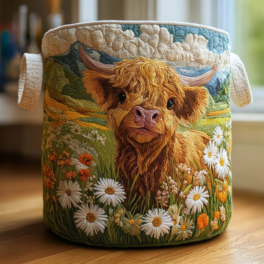 Cesta portabiancheria imbottita con mucca Highland circondata da fiori