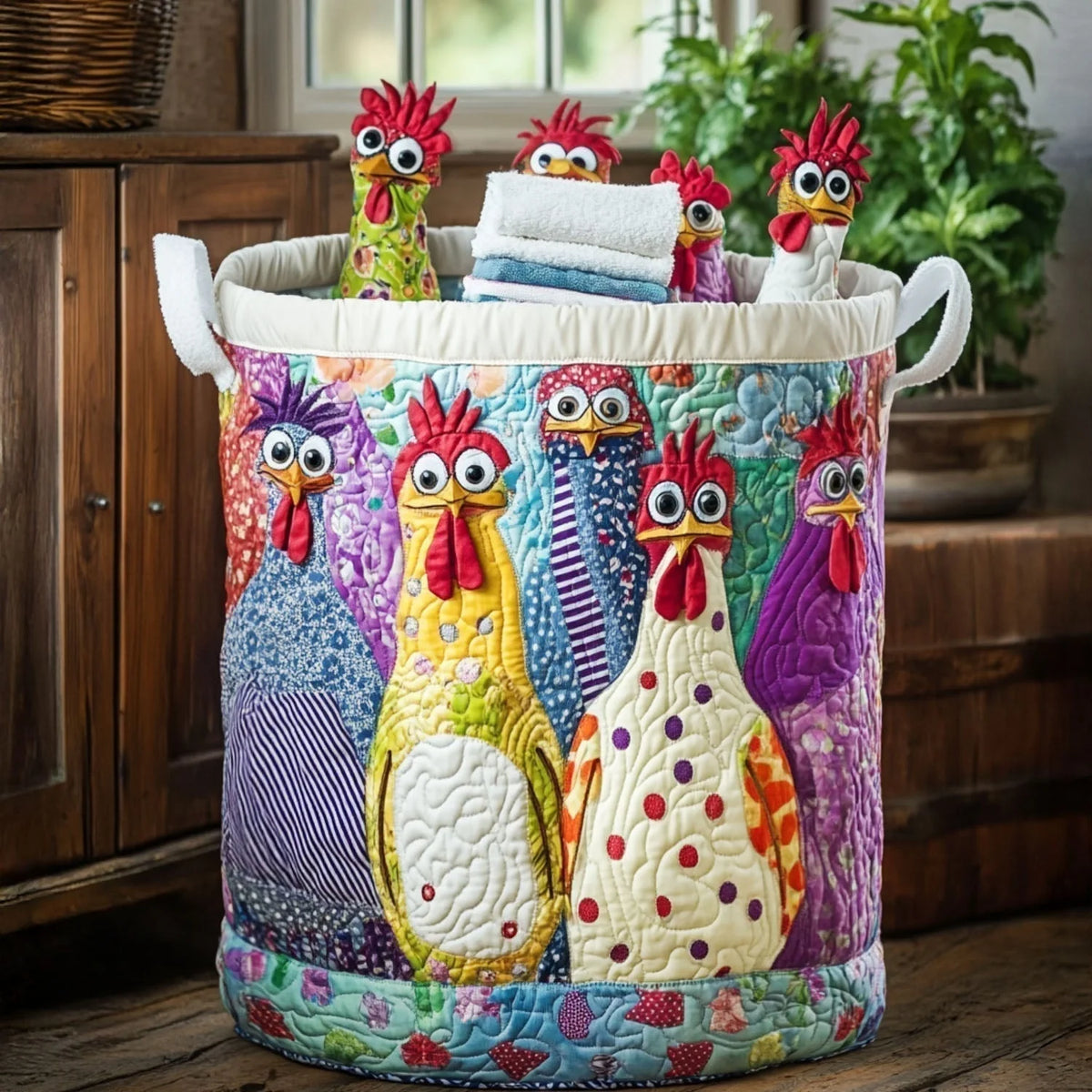 Cesta portabiancheria imbottita con galline eleganti