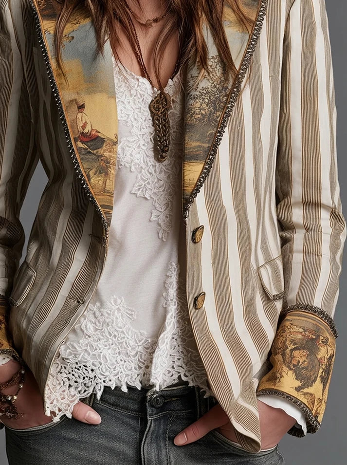 Sara | Blazer Bohémien a Righe con Colletto Stampato