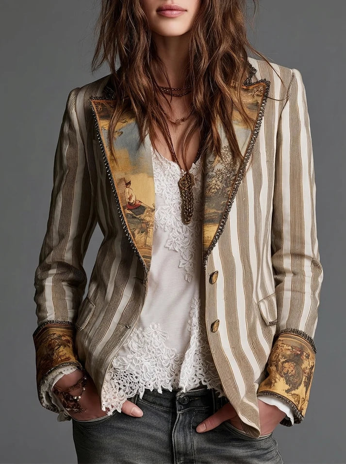 Sara | Blazer Bohémien a Righe con Colletto Stampato