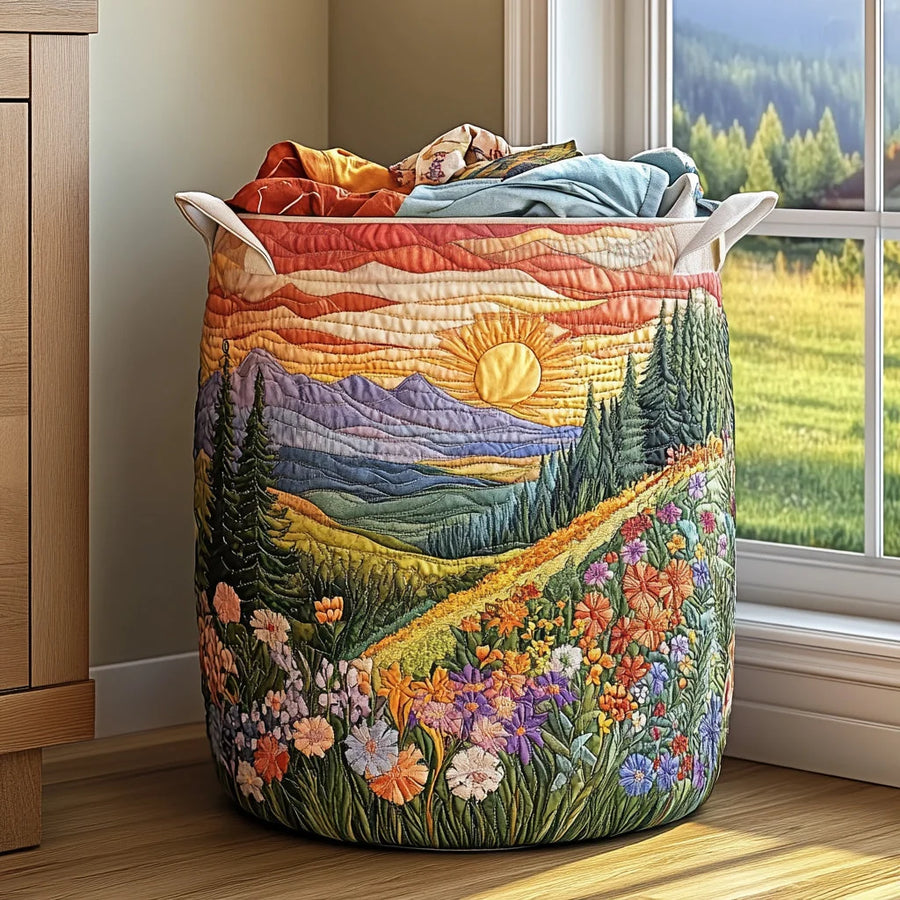 Cesta portabiancheria imbottita con alba tra montagne e fiori