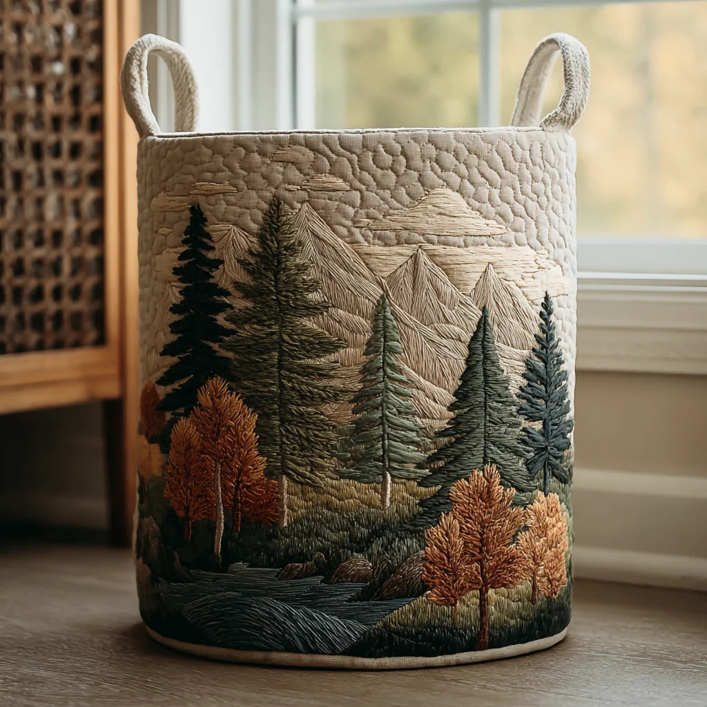 Cesta portabiancheria imbottita con montagne e bosco