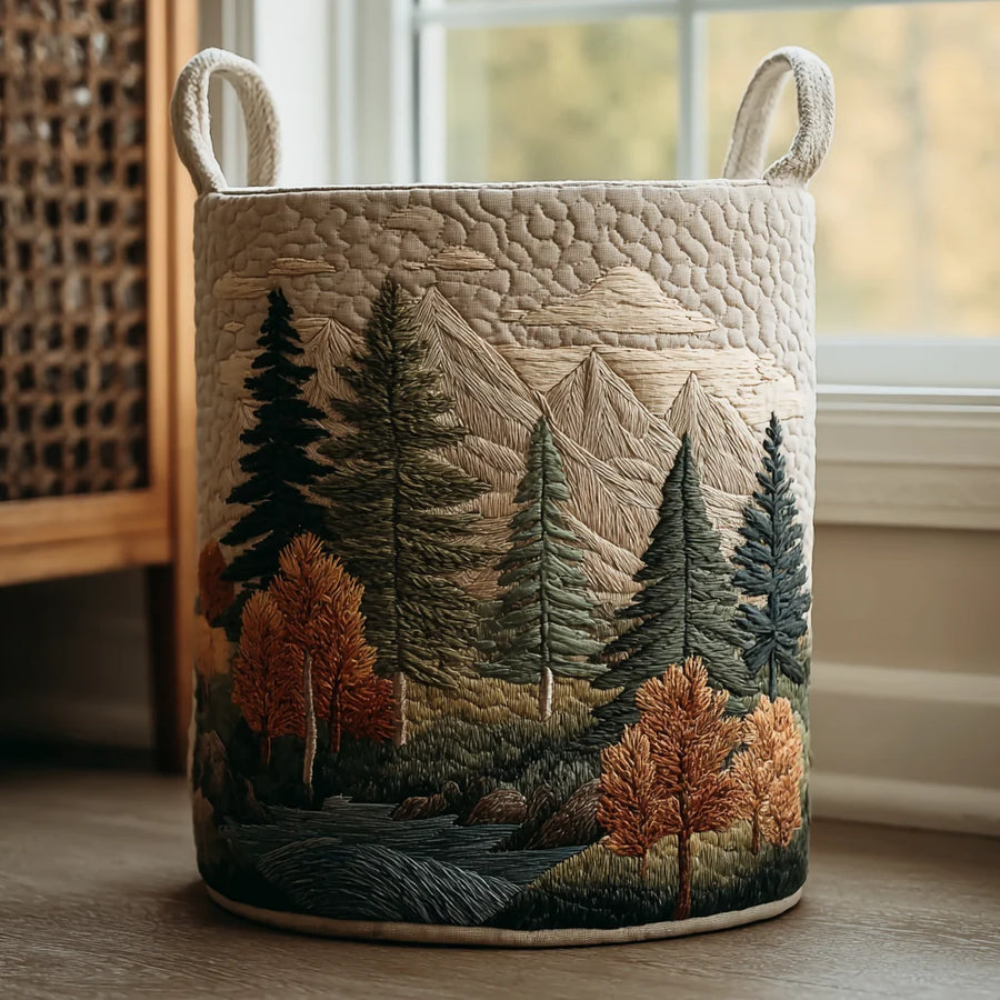 Cesta portabiancheria imbottita con montagne e bosco