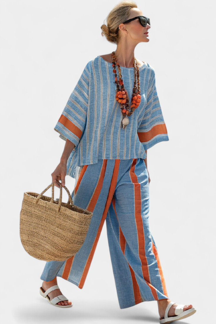 Velmere | Top a Righe in Terracotta Sofisticato & Pantaloni in Lino