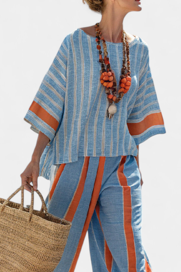 Velmere | Top a Righe in Terracotta Sofisticato & Pantaloni in Lino