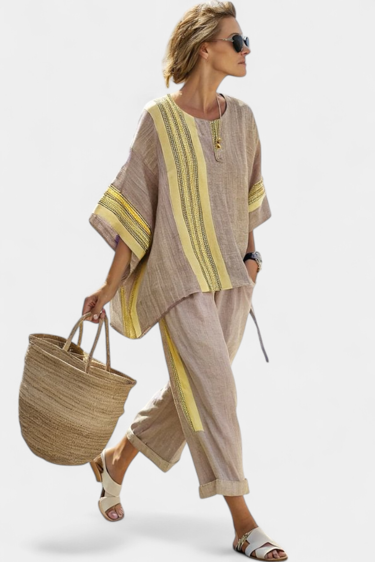 Elowric | Top elegante lavanda & Pantaloni a righe senape