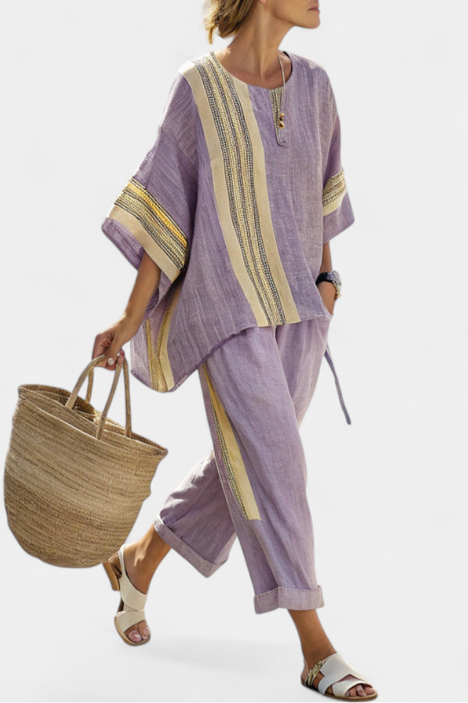 Elowric | Top elegante lavanda & Pantaloni a righe senape