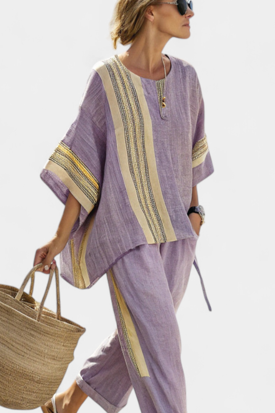 Elowric | Top elegante lavanda & Pantaloni a righe senape