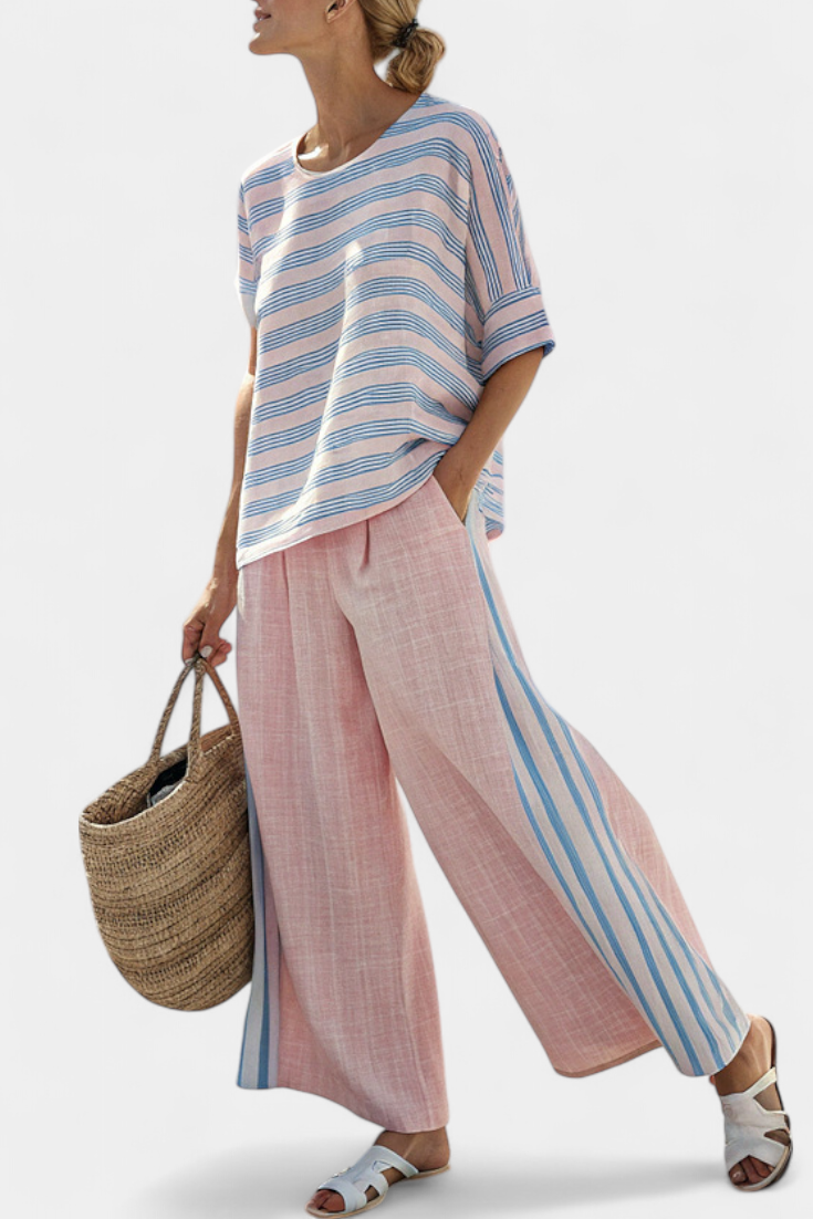 Virella | Elegante Blusa de Lino Rosa-Azul y Pantalones Suaves