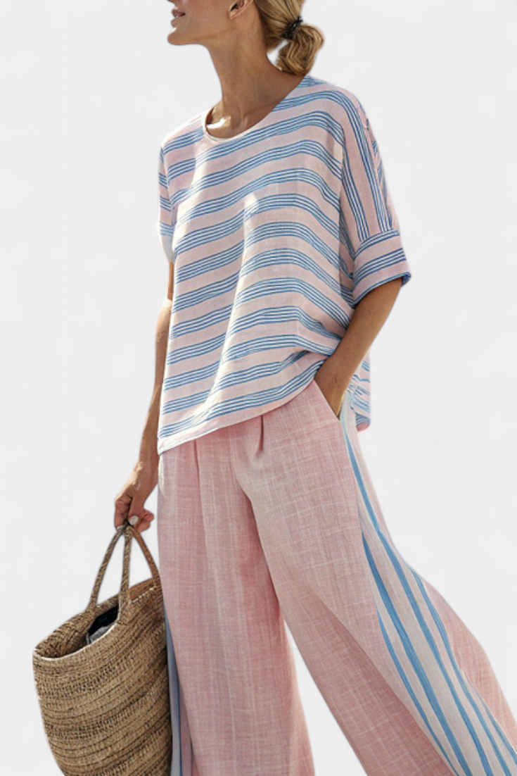 Virella | Elegante Blusa de Lino Rosa-Azul y Pantalones Suaves