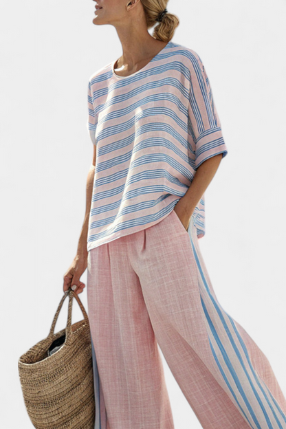 Virella | Elegante Blusa de Lino Rosa-Azul y Pantalones Suaves