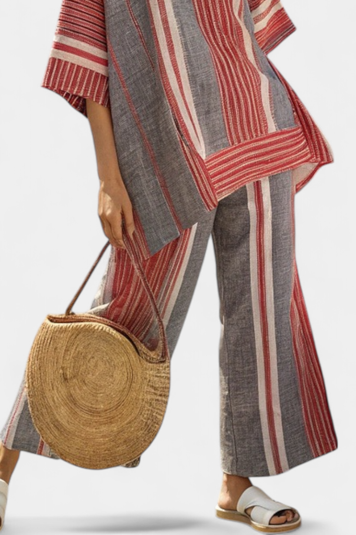 Bravine | Elegante Top in Lino Corallo-Grigio e Pantaloni a Gamba Larga