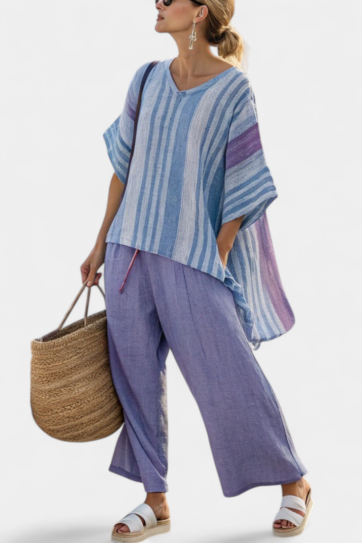 Zellora | Elegante Top Lavanda e Azzurro Cielo & Pantaloni in Lino