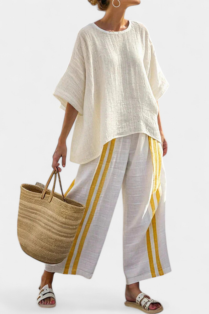 Anselor | Elegante Top in Lino a Righe Gialle e Pantaloni a Gamba Larga