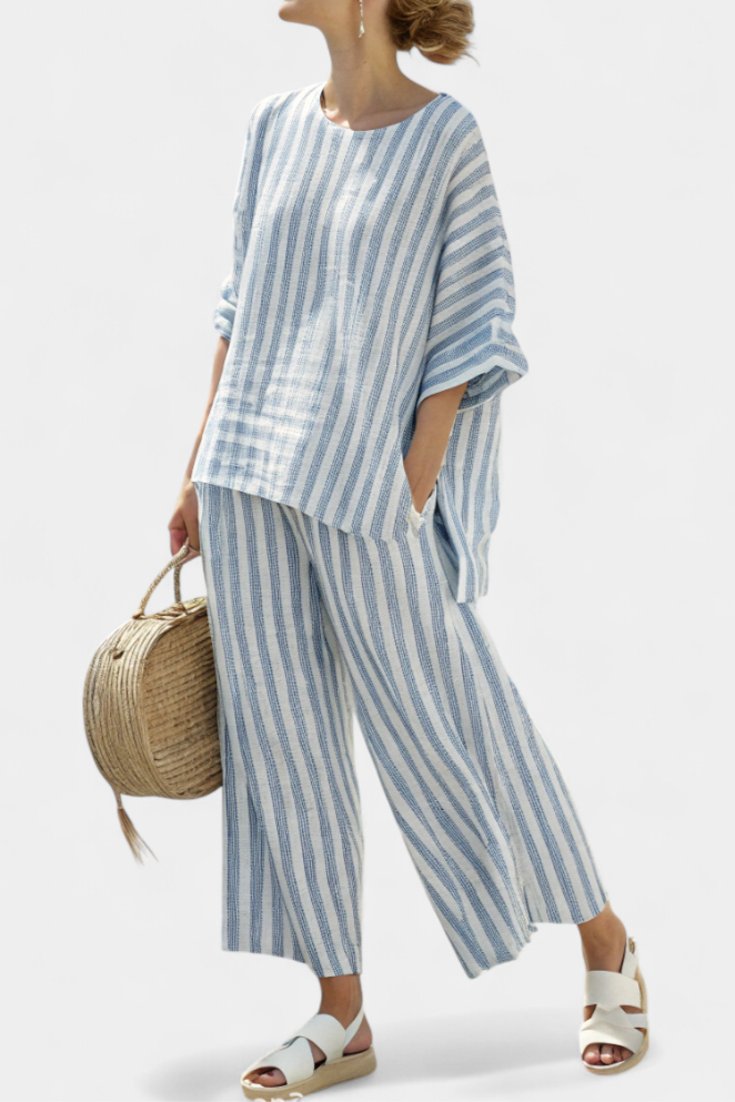 Rensleigh | Top in Lino a Righe Blu Raffinato & Pantaloni Relaxed