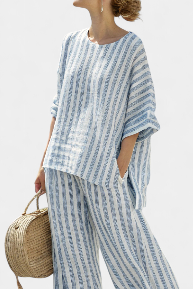 Rensleigh | Top in Lino a Righe Blu Raffinato & Pantaloni Relaxed
