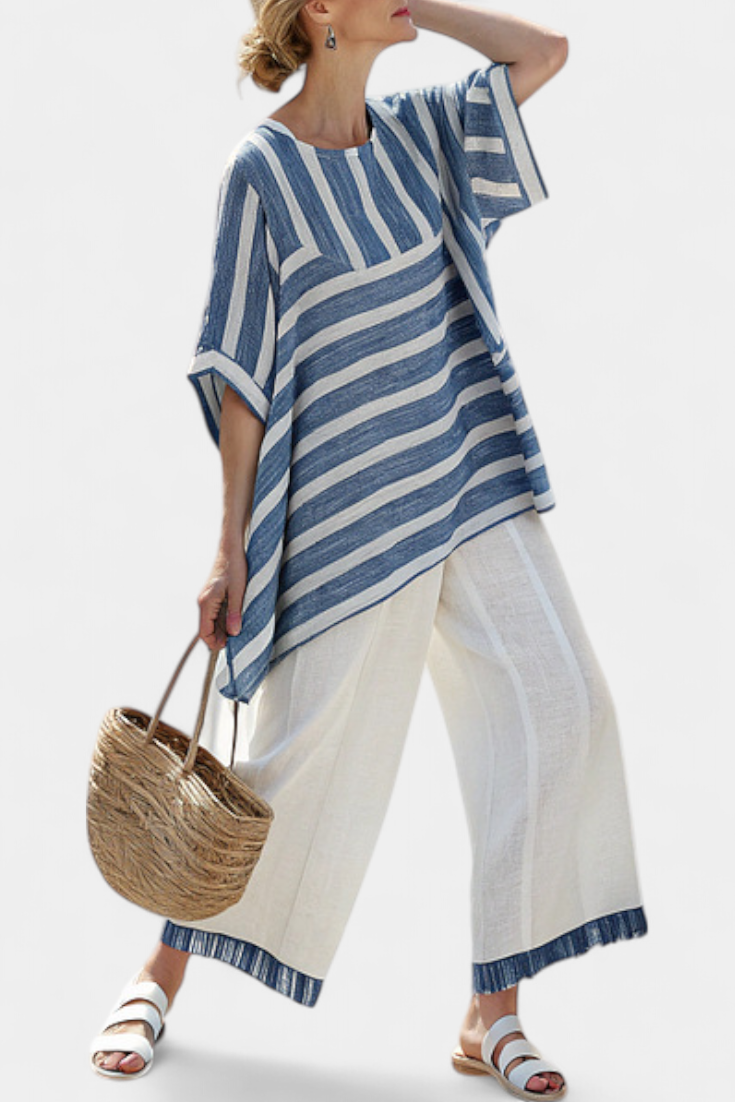 Corvielle | Top Blu Rigato Sofisticato & Pantaloni con Dettagli al Fondo