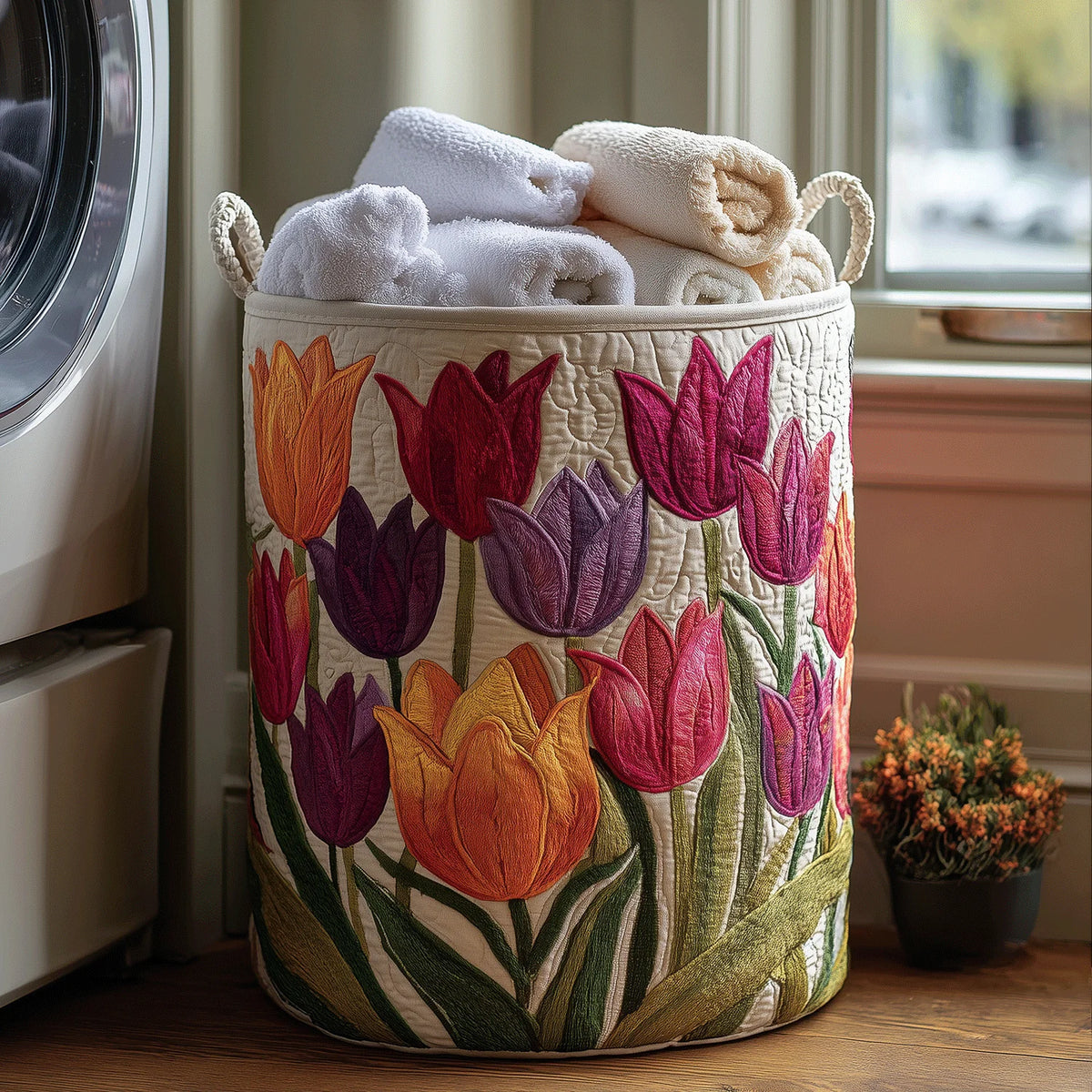 Cesta portabiancheria imbottita con tulipani in fiore