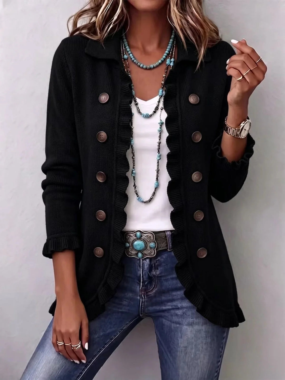 Angela | Giacca in Maglia Nera con Volant
