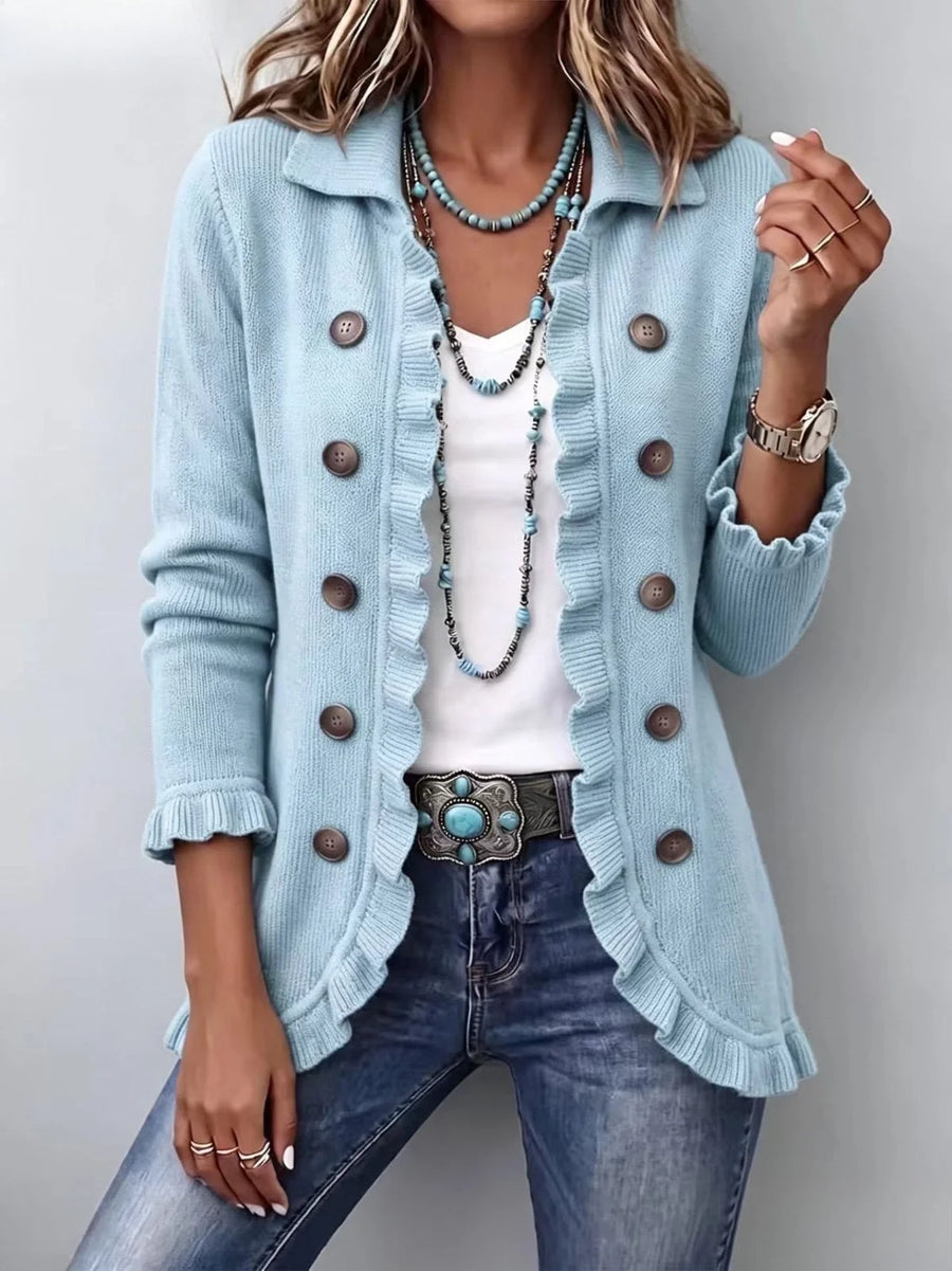 Lucia | Giacca in Maglia Blu Polvere con Volant
