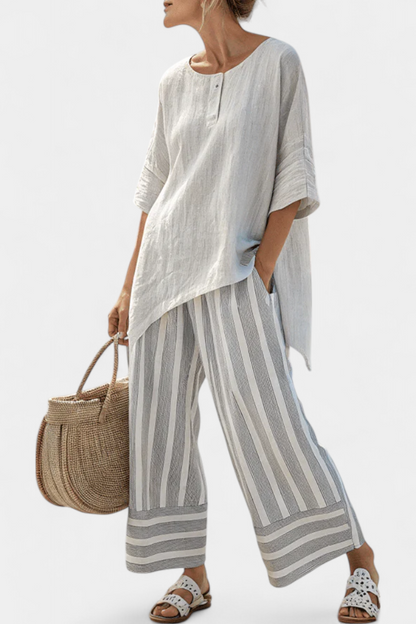Talvora | Elegante Blusa Asimmetrica e Pantaloni Stripes