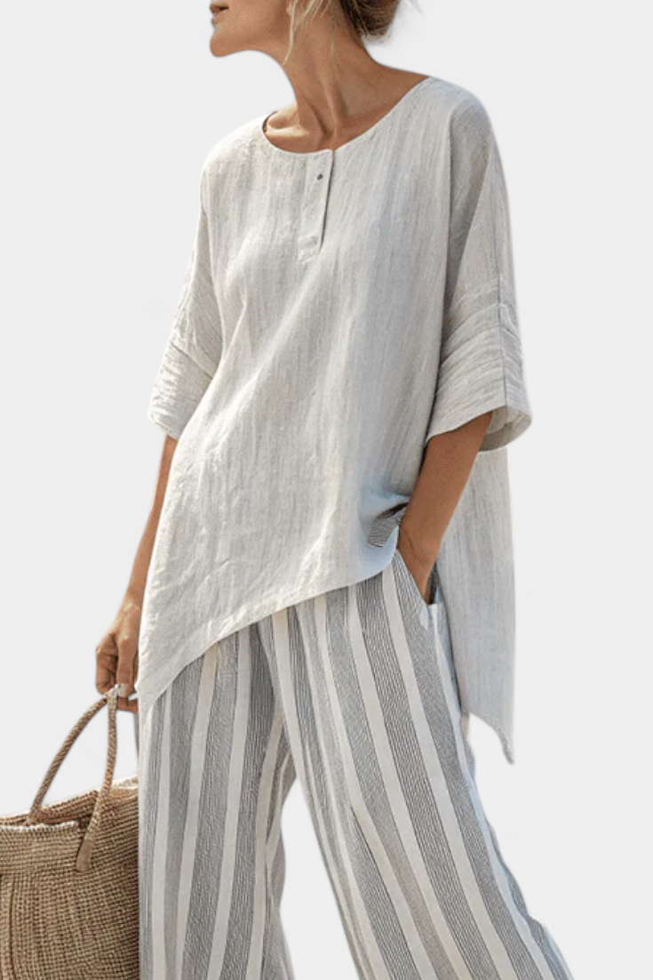 Talvora | Elegante Blusa Asimmetrica e Pantaloni Stripes