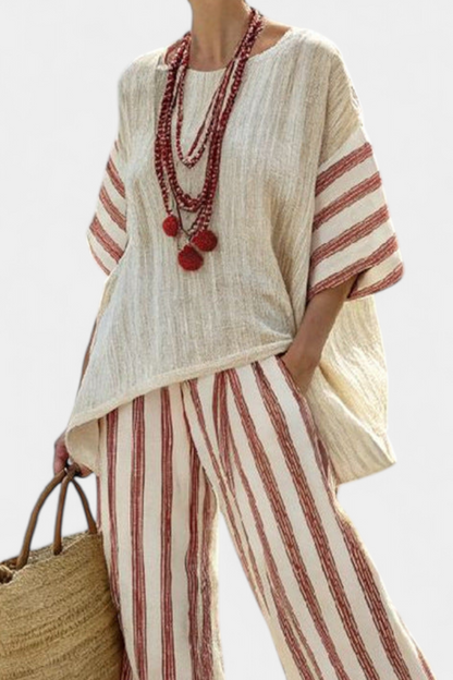 Braelith | Top a Strisce Rustico Elegante e Pantaloni in Lino Color Crema