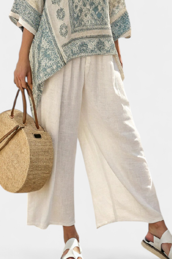 Quinley | Blusa Stampata Comoda e Pantaloni Bianchi a Gamba Larga