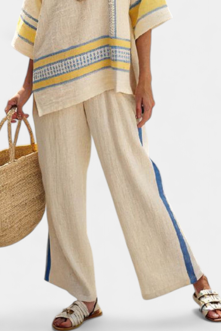 Jaxmere | Comodo Top Blu-Giallo Mediterraneo & Pantaloni in Lino