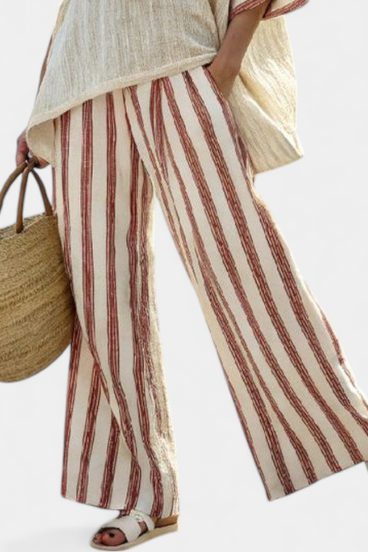 Braelith | Top a Strisce Rustico Elegante e Pantaloni in Lino Color Crema