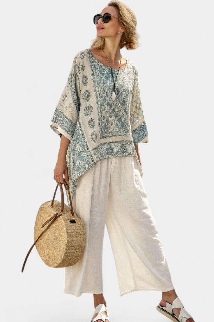 Quinley | Blusa Stampata Comoda e Pantaloni Bianchi a Gamba Larga