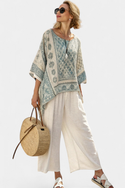 Quinley | Blusa Stampata Comoda e Pantaloni Bianchi a Gamba Larga