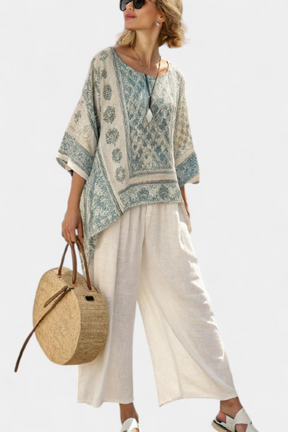 Quinley | Blusa Stampata Comoda e Pantaloni Bianchi a Gamba Larga
