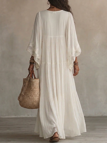 Adelaida | Abito lungo in chiffon color avorio con maniche a pipistrello e pizzo bianco