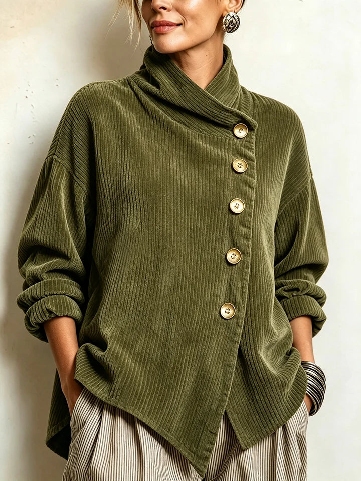 Lucilla | Top in Velluto a Coste con Abbottonatura Diagonale, Verde Oliva