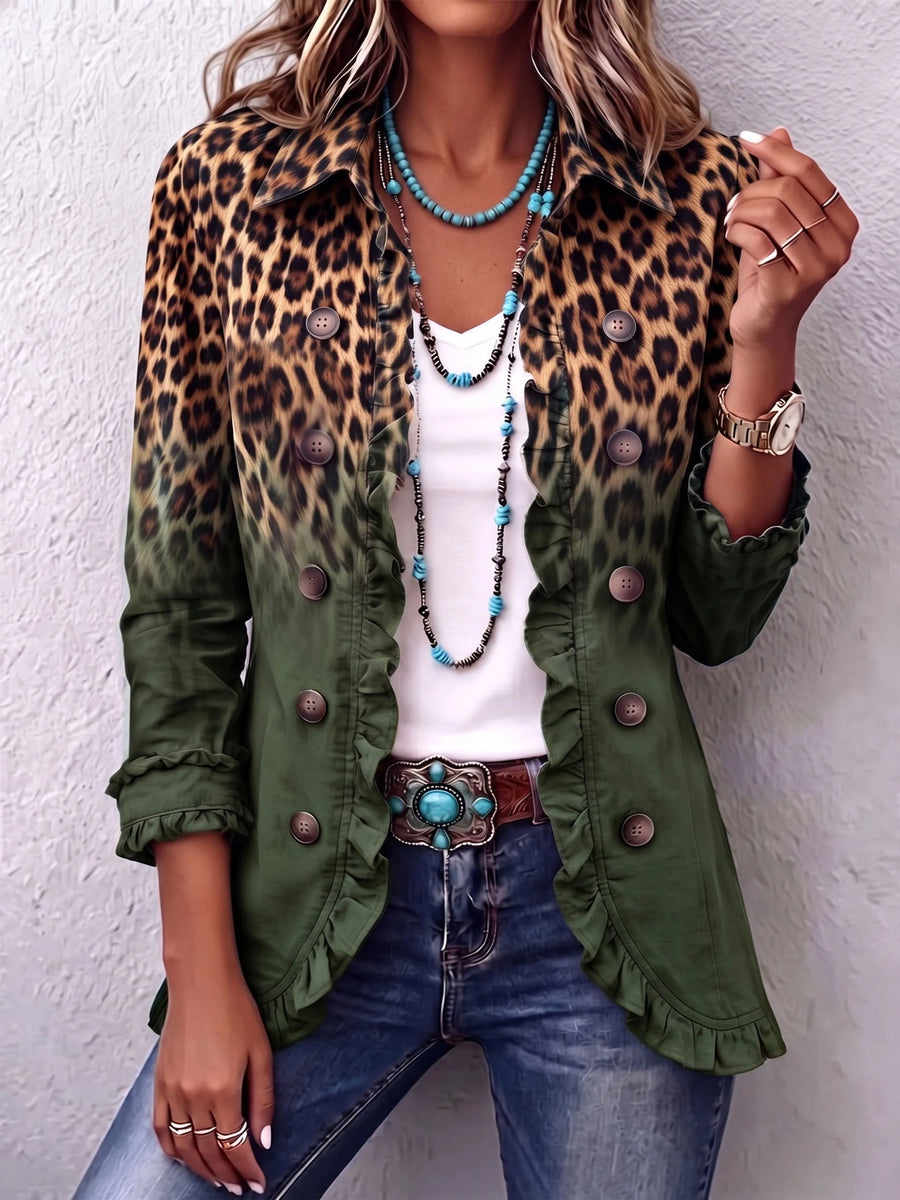 Gabriella | Giacca Blazer Leopardata Verde con Volant